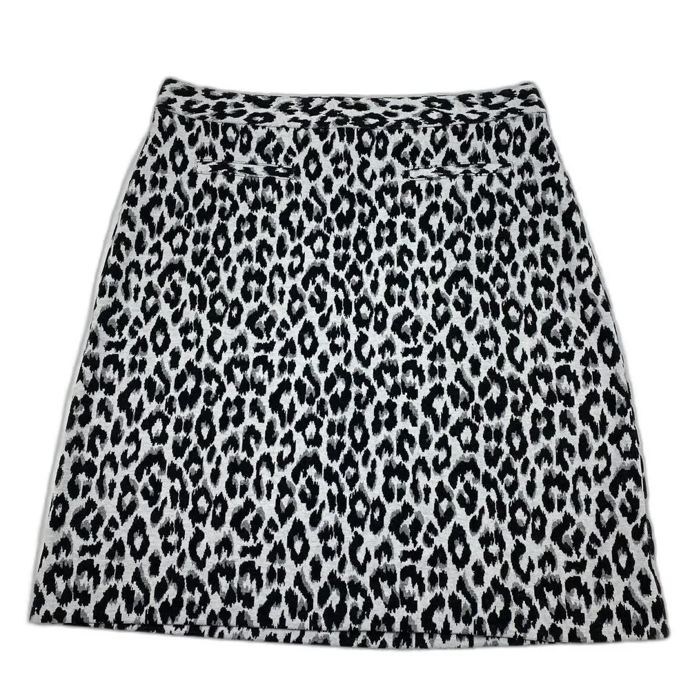Talbots Skirt Womens Pencil Leopard Print Sz 10 White Black Stretch Mature Glam